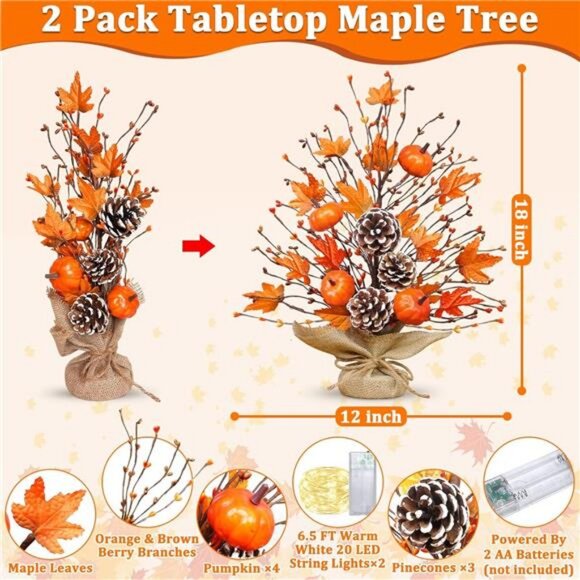 Timer - 2 Pack 18 Inch Lighted Fall Tree Fall Decorations for Home, Fall Maples - Picture 3 of 7